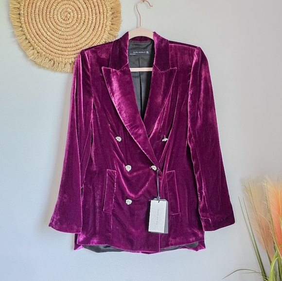 ZARA, New, Luxe Purple Velvet Rhinestone Button Oversized Blazer, Size Small - Picture 13 of 13